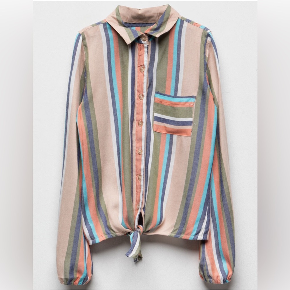 #36 White Fawn Stripe Tie Waist Button Up Rayon Shirt Multicolor XS